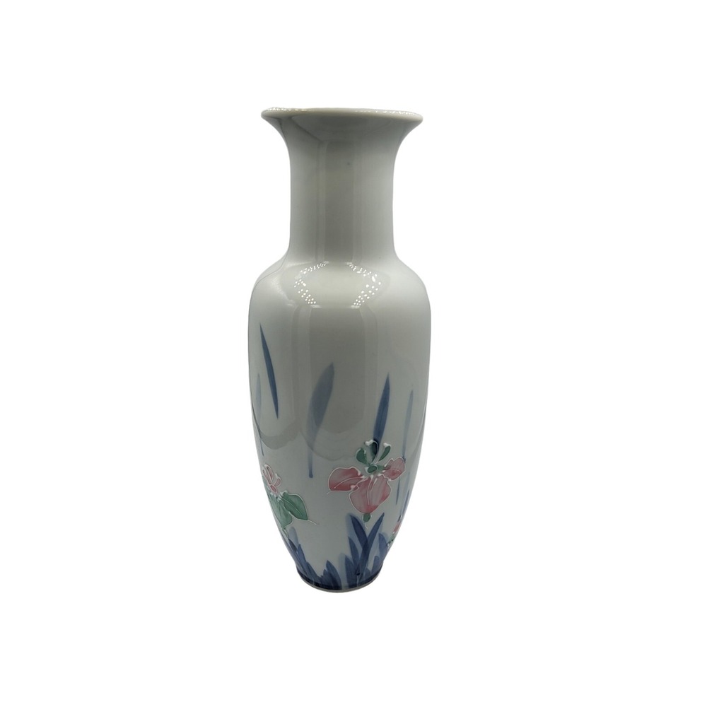 Vintage Japanese Ceramic Vase Hand-painted Raised Floral Orchids Japan 11" Tall